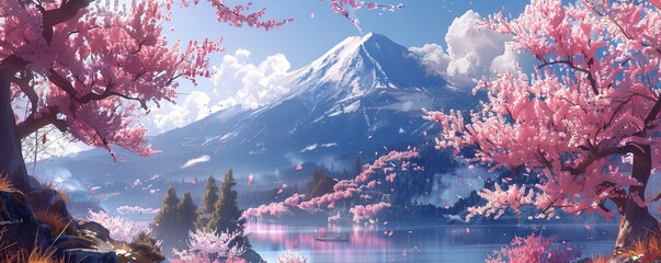 A beautiful view of a mountain with cherry blossoms in the foreground. This picture can be used to...