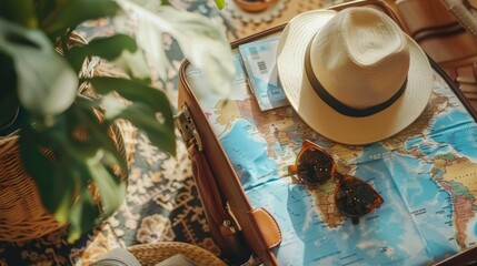 Valigia aperta con una mappa del mondo e occhiali da sole accanto ai biglietti aerei