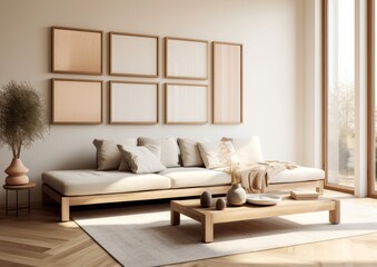 Fototapeta premium A modern living room with a large comfortable sofa, neutral colored cushions, and wooden frames on a clean wall