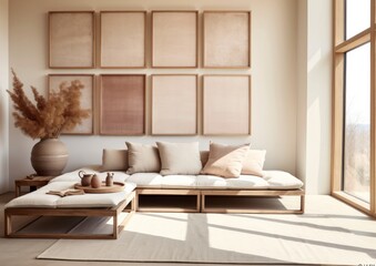 Fototapeta na wymiar A tranquil living room atmosphere featuring natural decor elements, beige furnishings, and inviting textures