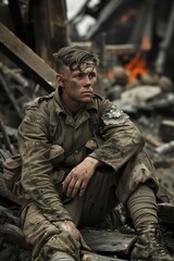 Fototapeta premium Canadian Infantryman Resting on the Ground