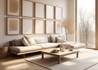 Beautifully curated minimalist lounge area with touches of nature, boasting a sleek sofa and a wooden coffee table