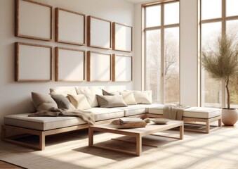 A minimalist designed living room featuring a large neutral tone sectional sofa, empty wooden picture frames on the wall, and a serene atmosphere