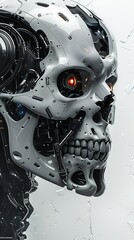 Fototapeta premium AI with scary face on halloween Head skull of robot with lighting eyes Bad Artificial Intelligence in image cyborg look at eyes Tech halloween party banner Evil computer