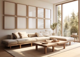 This stylish living space boasts a large sectional sofa, a wooden coffee table, high ceilings, and sunlight pouring in through the floor-to-ceiling windows
