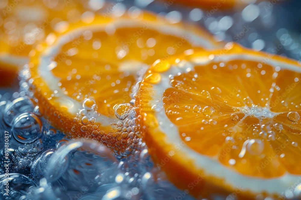 Poster macro shot of fresh orange slices submerged in water with bubbles clinging to the surface of the fru