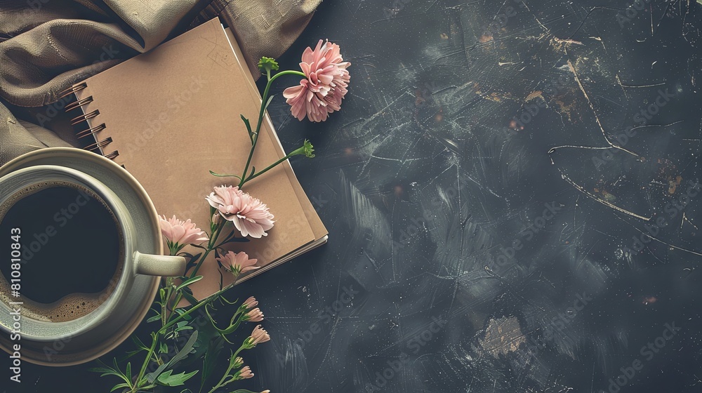 Poster empty notebook on the table and flowers and a cup of coffee on a dark background