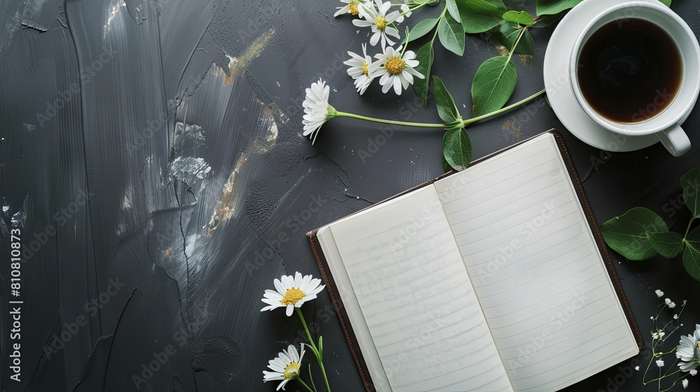 Poster empty notebook on the table and flowers and a cup of coffee on a dark background