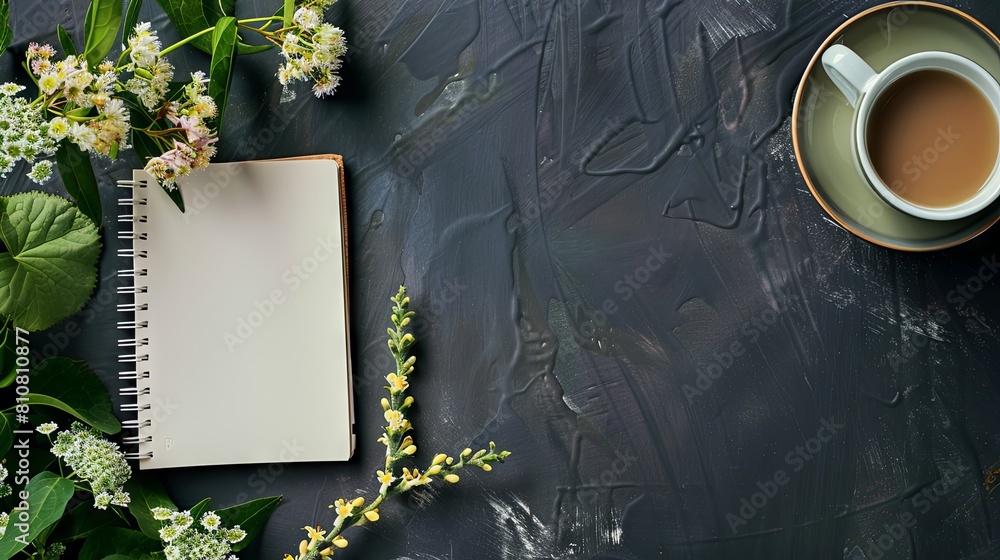 Poster empty notebook on the table and flowers and a cup of coffee on a dark background