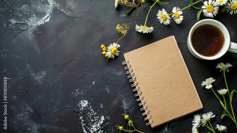 Poster empty notebook on the table and flowers and a cup of coffee on a dark background