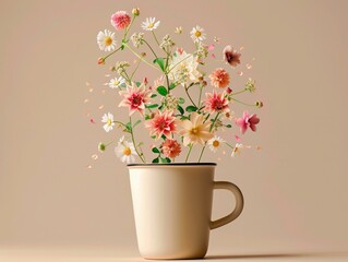 A vibrant arrangement of flowers appears to burst from a beige cup, symbolizing growth and vitality