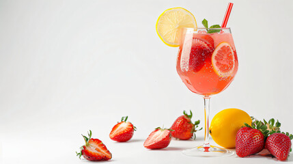 Glass of strawberry lemonade with straw on white background