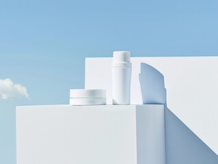 A minimal yet elegant display of skincare products against a clear blue sky, embodying purity and cleanliness