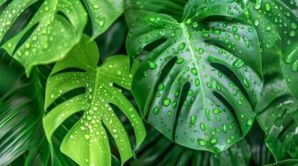 Fototapeta premium Greenery and leaves of monstera with raindrops light background