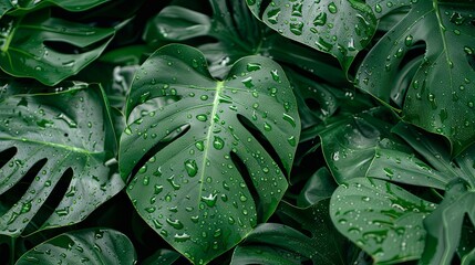Fototapeta premium Greenery and leaves of monstera with raindrops light background