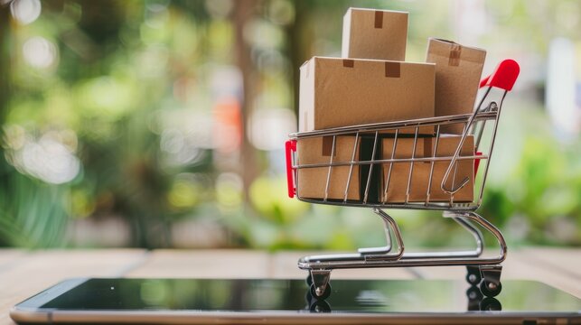 Scatole di pacchetti nel carrello con smartphone, concetto di spedizione prodotti tramite shopping online