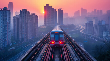 Fototapeta premium Sunrise view of a metro train traveling in Chongqing