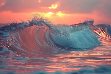 A captivating image depicting an ocean wave at sunset with a resonate golden hue and dynamic water spray