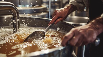 Close up of a brewer mixing the yeast cultures in old fermentation tanks, emphasizing the process of beer production