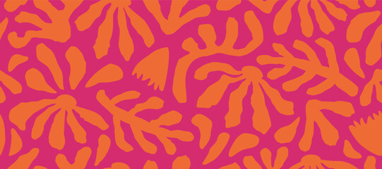 Hand drawn tropical seamless pattern, holiday and summer time, colorful style, natural ornaments for textile, fabric, wall art, wallpaper, poster and decor background.