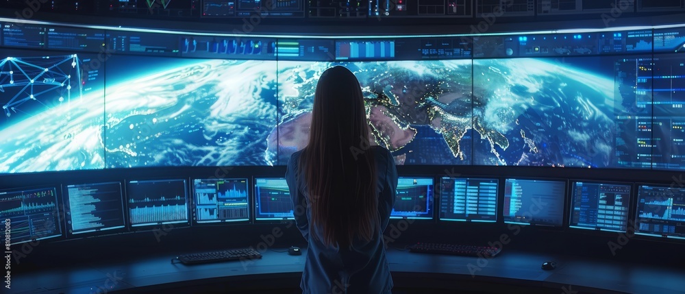 Poster developing a global map with data points on a large screen in a technology company's room where serv