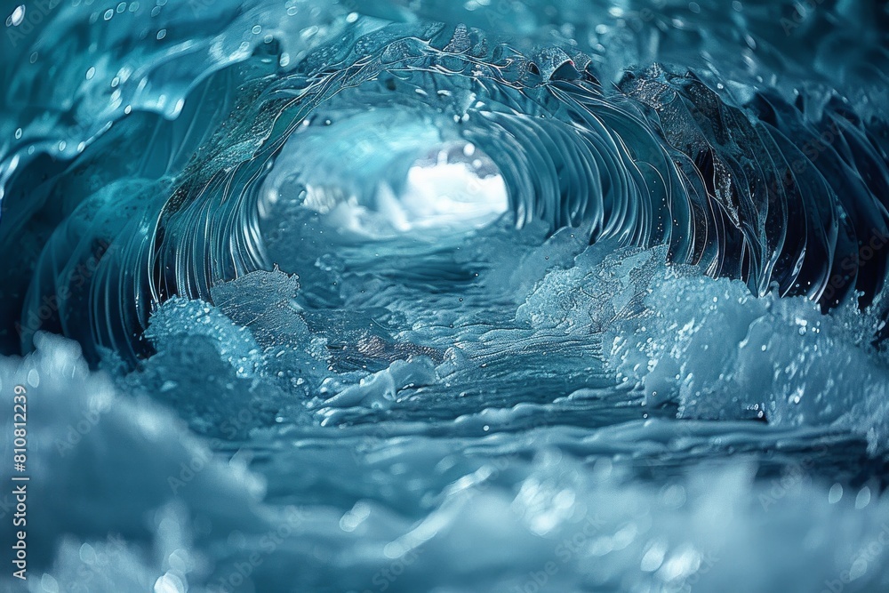 Aufkleber captivating image of a surreal blue ice tunnel with intricate patterns and water ripples flowing ben