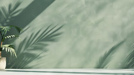 Modern, minimal blank matte paint texture green wall with tropical tree in sunlight