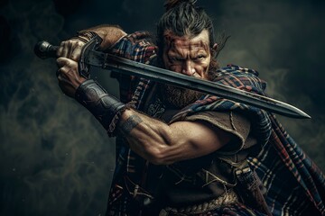 Fototapeta premium Scottish Highlander With Sword By Fire