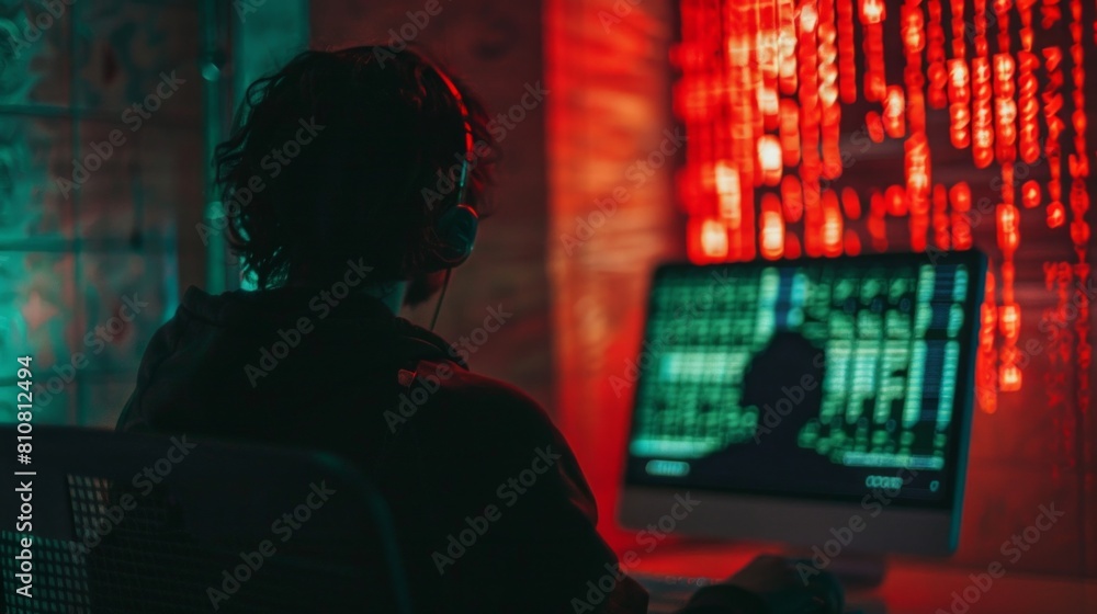 Poster hacker's silhouette reflected on computer screen