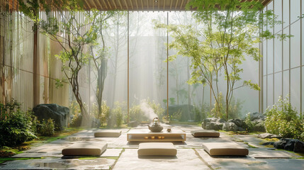 Zen Meditation Room with Sunlit Garden View