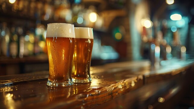Close up of two pints of beer placed on the wooden bar counter against pub interior on background