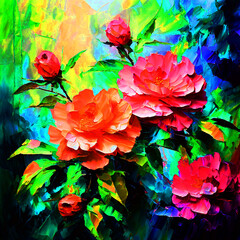 Floral colourful watercolour oil painting of garden splash colour of camellia flowers