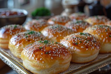 A gleaming array of golden buns topped with sesame seeds and herbs presented on an ornate tray