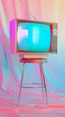 An artistic composition featuring a retro television on a pink-hued abstract backdrop, exuding a sense of nostalgia