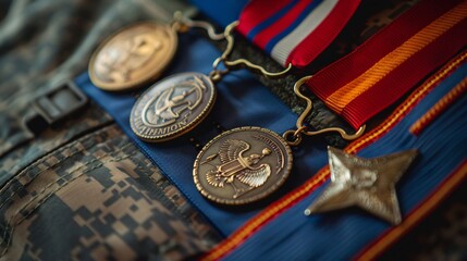 Close up of a military medals and ribbons, honoring the bravery and service of veterans