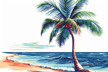 Tropical Beach with Lush Palm Tree and Ocean View