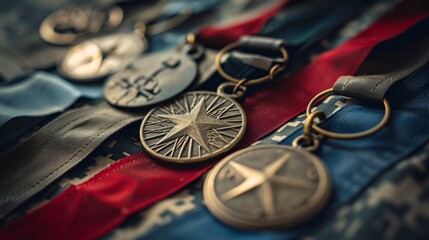 Close up of a military medals and ribbons, honoring the bravery and service of veterans