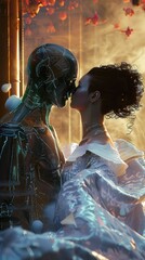 A poignant scene captures a cyborg and human exchanging glances with intricate detailing and emotional resonance