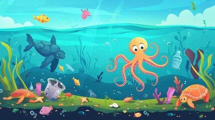 Unhappy octopus and turtle on dirty polluted bottom covered with garbage, cartoon banner with underwater animals and trash in sea. Modern illustration of a plastic ecological problem in water.