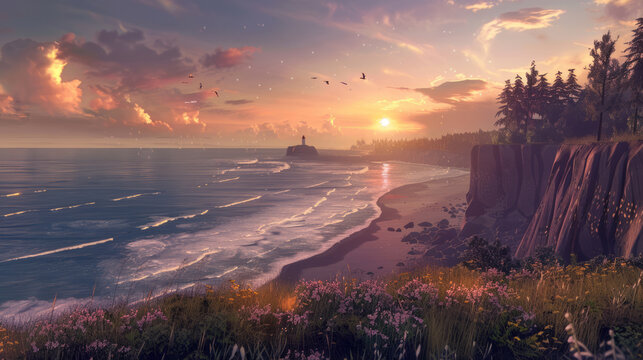 Spectacular sunset at Arcadia Bay with dramatic ocean views