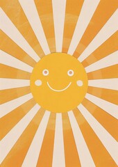 A cheerful vintage-style illustration featuring a smiling sun with a radiating background, evoking feelings of warmth and happiness