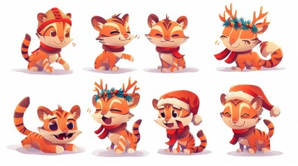 An adorable baby tiger character wearing a christmas hat and a red scarf. Funny cartoon kitten in a winter cap with deer horns and bow and different poses. Creative emoji set isolated on white.