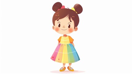 Fototapeta premium Cheerful Little Girl in a Colorful Dress - Cartoon Character Illustration