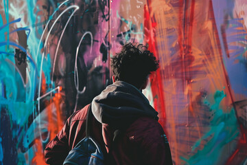 Obraz premium Artist at work on a colorful graffiti wall in urban setting