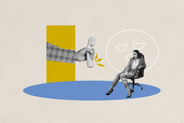 Trend artwork composite sketch image 3D photo collage of tired young lady office manager sit armchair customer service landline phone call