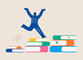 Successfully man going from one education level to another. Colorful vector illustration