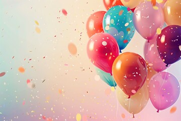 A bunch of colorful balloons and confetti on a pastel background. Air. Helium