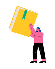 Business woman lifting big data book. Working big data concept. Flat vector illustration isolated on white background