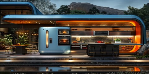 Obraz premium A cartoon candy-coated futuristic kitchen showcasing whimsical smart appliances that bring recipes to imaginative 3D life