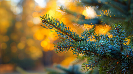 Fir branches in autumn park closeup